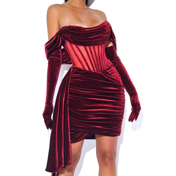 Burgundy Velvet Off Shoulder Corset Dress - Picture 3 of 10